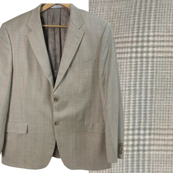 John W. Nordstrom Sz 46L Men's Silk Wool Glen Plaid Sport Coat Blazer Jacket Tan